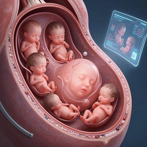 Digital CGI of six fetal embryos, with one larger embryo in the center, inside a uterus, surrounded by a glowing hologram.