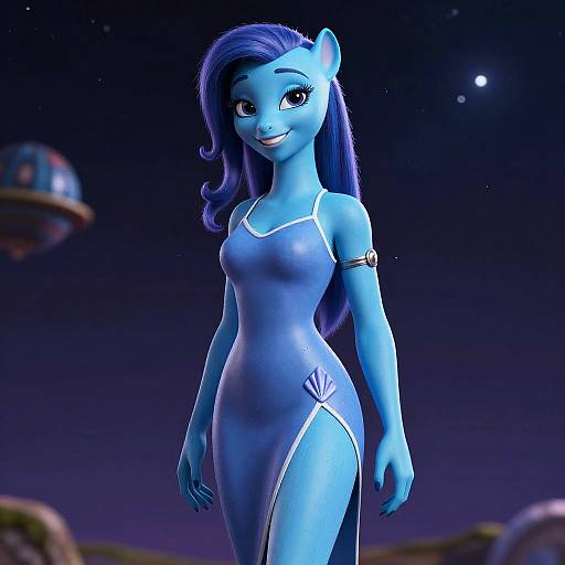CGI image of a blue-skinned, anthropomorphic female pony with long purple hair, wearing a form-fitting, white-trimmed dress,