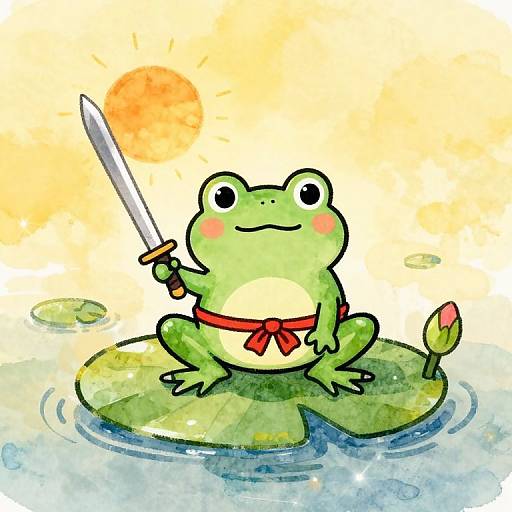 Cute green frog with red bowtie and sword, sitting on lily pad, holding sword, under orange sun, watercolor style.