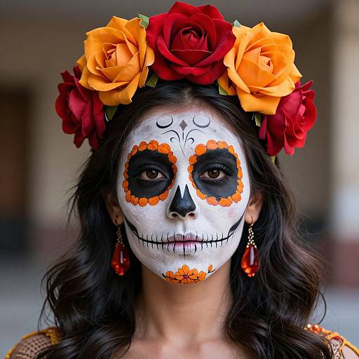 Photograph of a woman with Day of the Dead face paint, black eye makeup, white face, orange flower accents, red and yellow rose flower crown