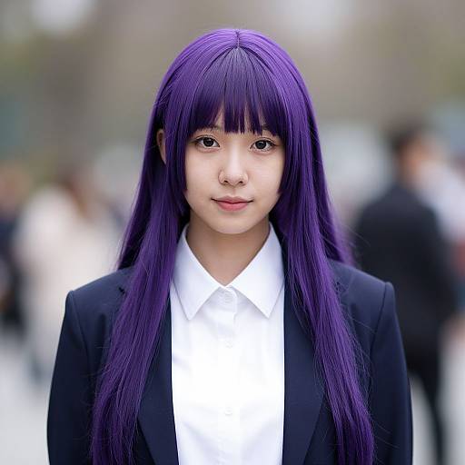 Photograph of an East Asian woman with long, straight, vibrant purple hair, wearing a black blazer over a white shirt, standing outdoors with a