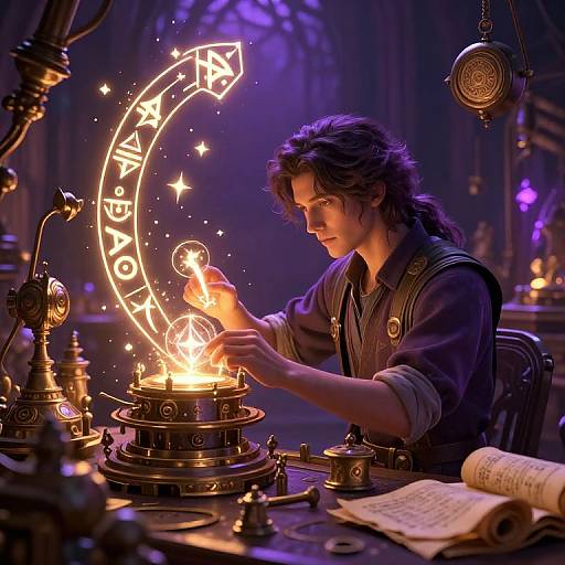 Magical alchemist with wavy brown hair, wearing a dark shirt, conjures glowing runes over a brass brazier in a dimly lit,