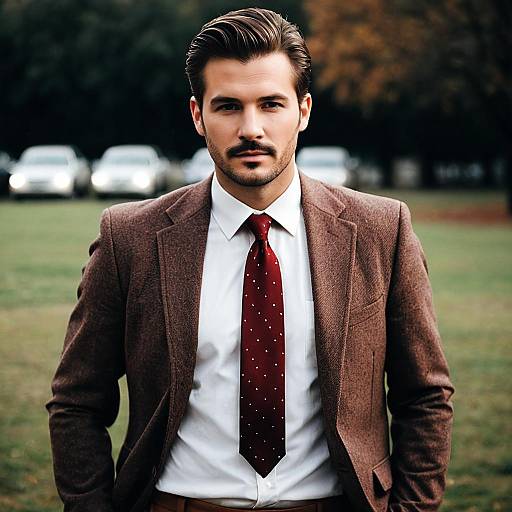 Man in Brown Suit with Red Tie Outdoors