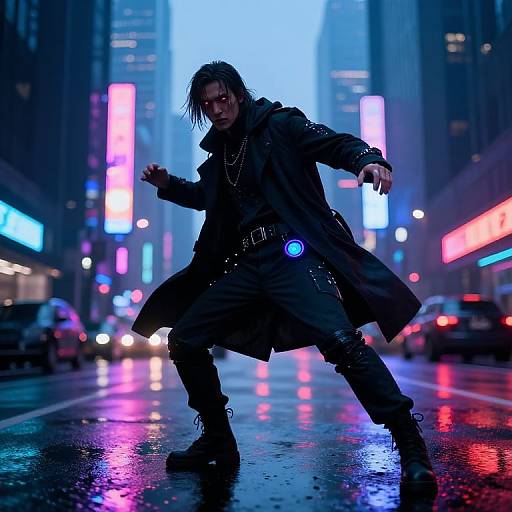 Cyberpunk street scene: dark-haired man in long black coat, black boots, neon lights, wet street, aggressive stance, glowing blue orb,