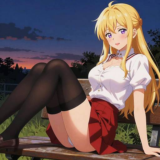 Anime-style drawing of a blonde girl with purple eyes, white blouse, red skirt, black thigh-highs, and white panties, sitting on a wooden