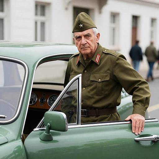 Serious Elderly Officer by Vintage Car