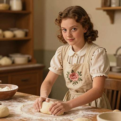 Vintage-style photograph of a young woman with curly brown hair, wearing a white blouse and floral apron, rolling dough on a flour-dusted wooden countert