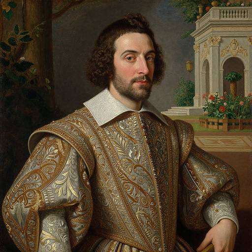 Oil painting of a bearded man with curly dark hair, wearing ornate, patterned Renaissance-era clothing, standing in a garden-like setting.