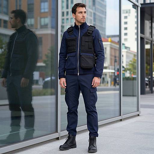 Photograph of a serious, dark-haired man in black tactical gear standing outside a modern glass building, reflected in the window. Urban background with buildings and