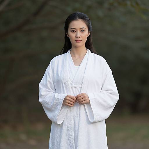 Photograph of an East Asian woman with long black hair, wearing a white, long-sleeved, traditional robe, standing outdoors against a blurred forest