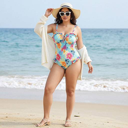Photograph of a curvy woman in a colorful floral one-piece swimsuit, white cardigan, straw hat, and sunglasses, standing on a sunny