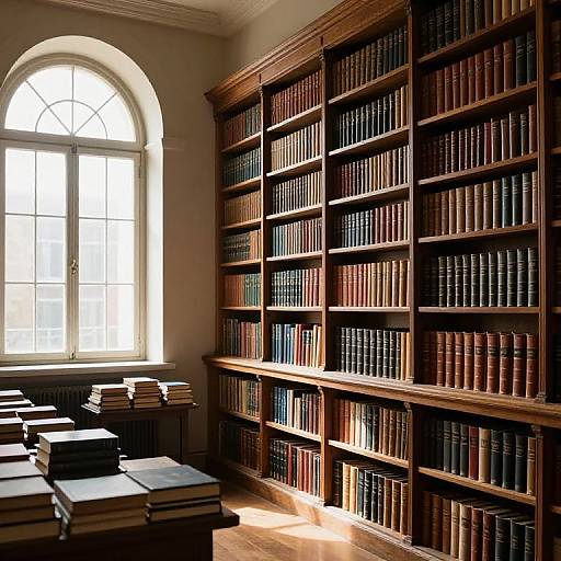 Photograph of a sunlit library room with tall, arched window, wooden bookshelves filled with dark-bound books, and stacks of books on