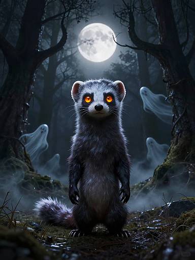 Digital artwork of a fierce-looking, glowing-eyed raccoon with dark fur, standing in a spooky, moonlit forest with ghostly figures.