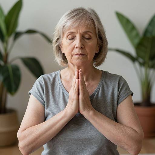 Photograph of an older white woman with short gray hair, closed eyes, and hands in prayer pose, wearing a gray shirt, in a bright room
