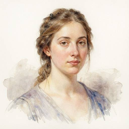 Digital painting of a young woman with fair skin, brown hair in a braid, soft smile, and wearing a light blue shirt.