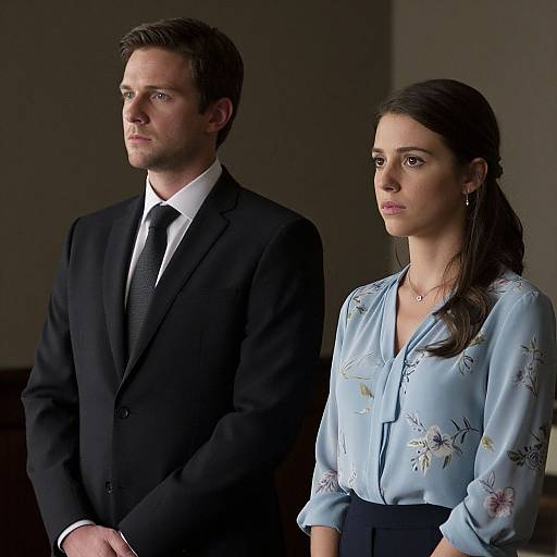 Photograph of a serious-looking man in a black suit and tie, standing beside a woman with dark hair in a blue floral blouse, both facing forward