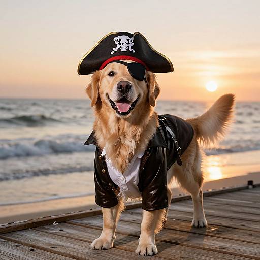 Photograph of a Golden Retriever wearing a pirate hat and black jacket, standing on a wooden pier at sunset with the ocean in the background.