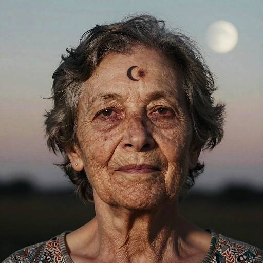 Photograph of elderly Indian woman with short gray hair, a small moon-shaped birthmark on her forehead, wearing patterned shirt, against a twilight sky