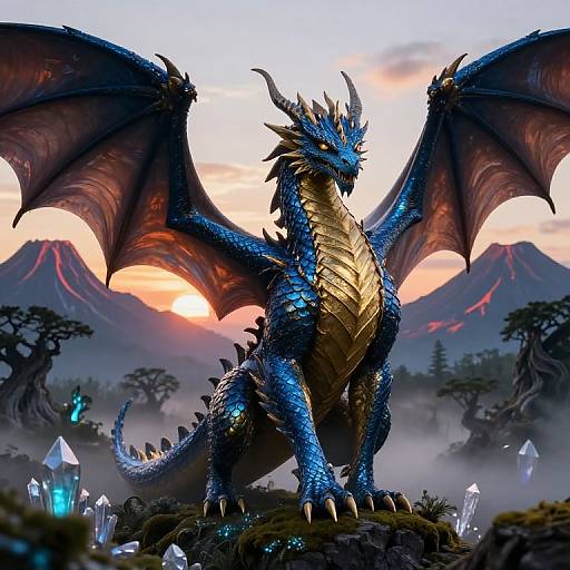Digital artwork of a majestic blue dragon with golden underbelly, large wings, and glowing orange eyes, standing on a rocky hill in a misty