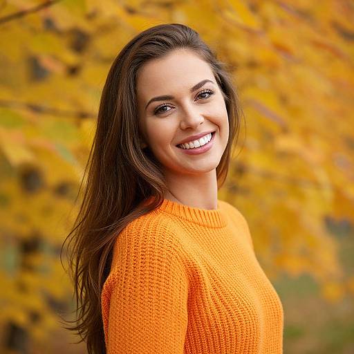Photograph of a smiling young woman with long brown hair, wearing an orange knit sweater, standing against a blurred autumn tree background.