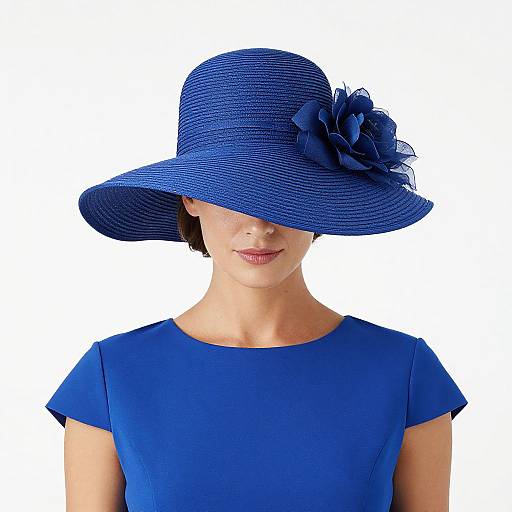 Photograph of a woman in a vibrant blue, wide-brimmed hat with a large flower accessory, wearing a matching blue short-sleeve dress
