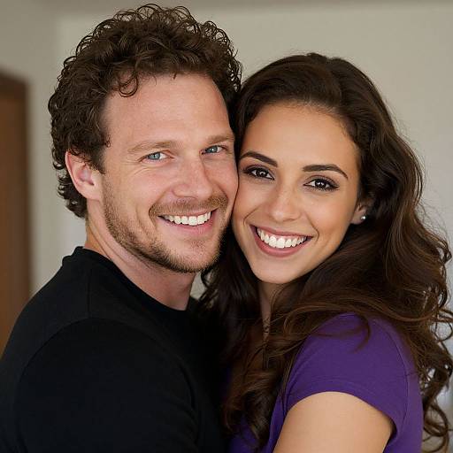 Photograph of a smiling Caucasian couple with curly brown hair and dark brown hair, wearing black and purple shirts, standing closely together.