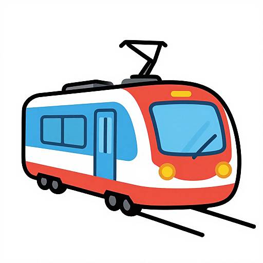 Cartoon-style digital drawing of a red and white modern train with blue windows, yellow lights, and black wheels on tracks.