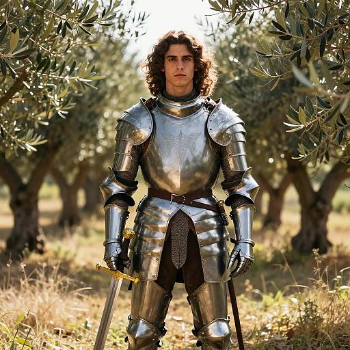 Photograph of a young man with curly brown hair, wearing shiny silver medieval armor, standing with a sword in an olive grove. Sunlight filters