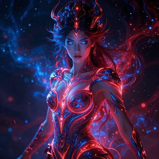 Digital art of a glowing, ethereal woman with blue eyes, fiery red and blue armor, and flowing hair, set against a dark, starry