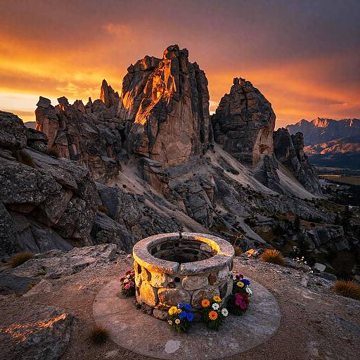 Dusk-lit Rocky Outcrop with Stone Well