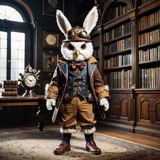 Steampunk Owl Explorer in Antique Library
