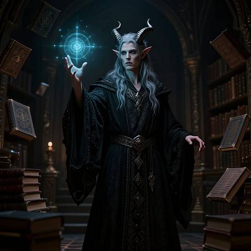Photograph-style digital art of a pale-skinned, long-haired female demon with black horns, black robe, and glowing blue magic circle in a dim