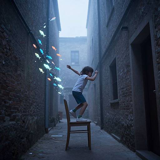 Surreal Child Ascending Among Luminous Fish