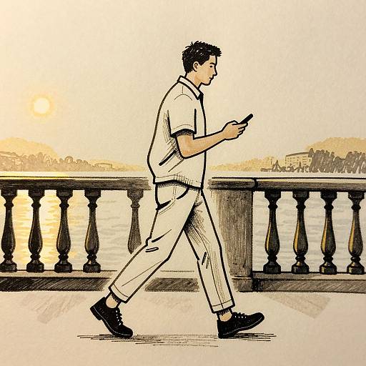 Illustration of a man in white shirt and pants, black shoes, walking on a sunlit waterfront, holding a phone, with a balustrade
