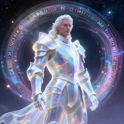 Digital artwork of a white-haired, muscular male warrior in radiant, reflective silver armor against a cosmic background with glowing, circular text.