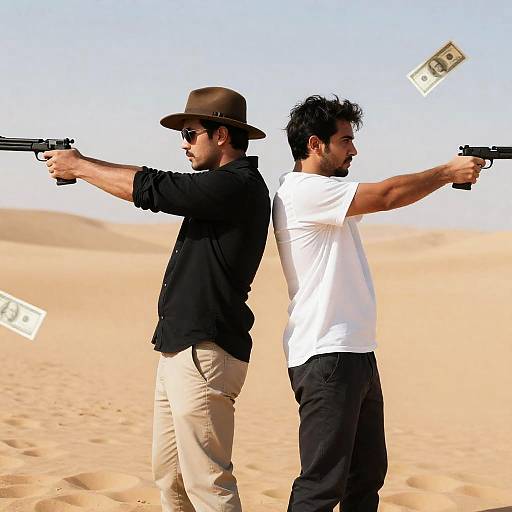 Two Men Back-to-Back Aiming Guns in Desert