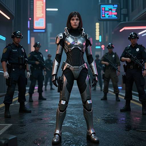 Digital sci-fi artwork of a fierce woman in shiny, silver armor standing confidently in a neon-lit, futuristic urban street, surrounded by armed police officers
