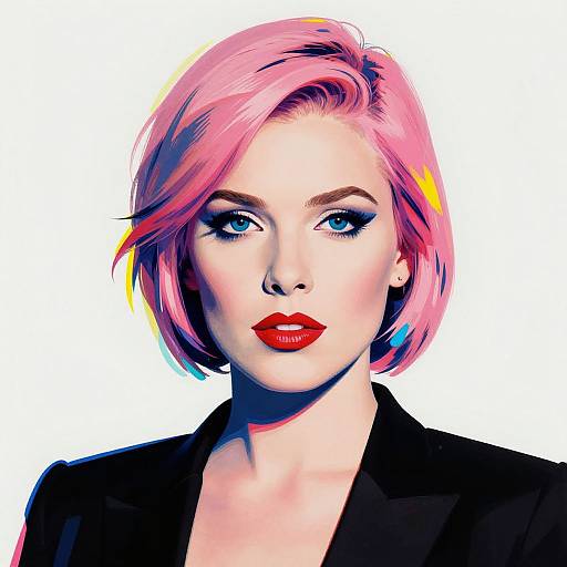 Digital portrait of a woman with short pink hair, blue eyes, red lipstick, black blazer, white background, pop-art style.