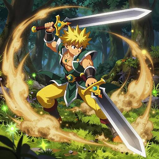 Anime-style digital artwork of a muscular, blond-haired warrior with spiky hair, wielding a glowing sword, surrounded by swirling magical flames in a dense,