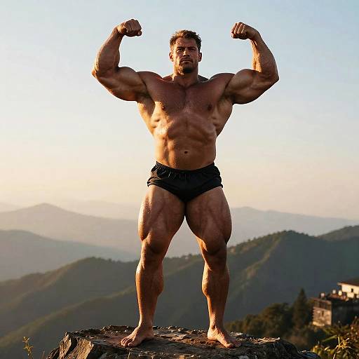Photograph of a muscular, shirtless man with short brown hair, flexing biceps in black briefs, standing on a rocky mountain peak against