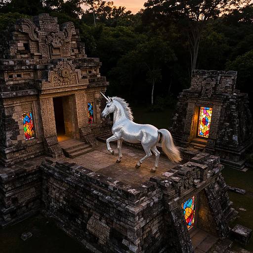 Photograph of a white unicorn with a flowing mane standing on ancient, dark stone ruins illuminated by vibrant stained glass windows at dusk.