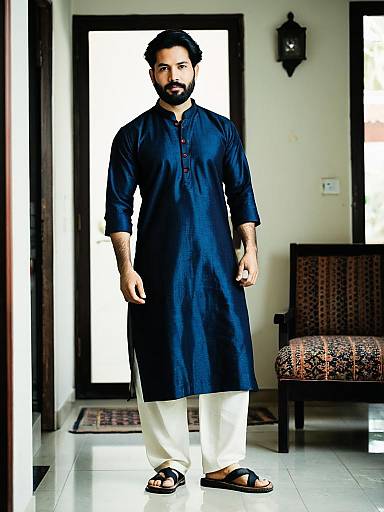 Man Wearing Stylish Blue Kurta Indoors