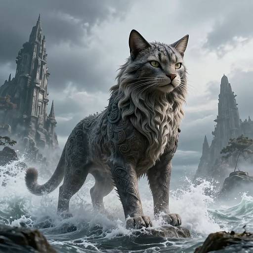 Digital art of a majestic, gray, long-haired cat with green eyes standing in turbulent ocean waves, with gothic castle spires in the cloudy,