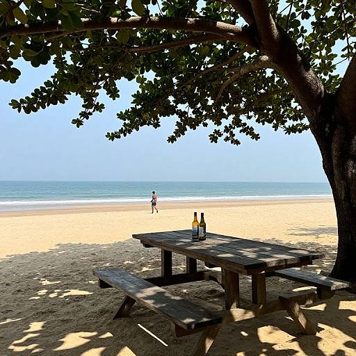 Photograph of a serene beach scene with a shaded wooden picnic table, bottles, and a distant person walking along the sand.