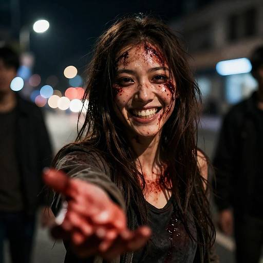 Woman with Bloodied Face Reaching Out at Night