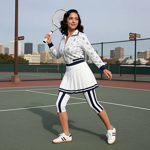 Photorealistic CGI of a dark-haired woman in white tennis outfit with black stripes, holding racket, on outdoor court with cityscape background.