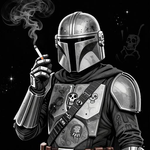 Digital drawing of a Mandalorian in silver armor, smoking, with skull motifs, black cape, and dark background. Smoky breath visible.