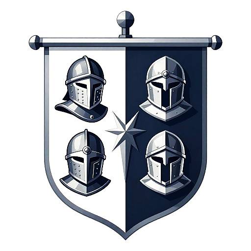 Digital illustration of a blue and white shield featuring four medieval knight helmets, divided diagonally, with a sword crossed behind.