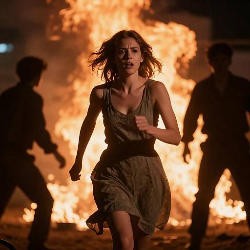 Woman Fleeing Flames Amid Shadowed Crowd
