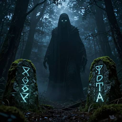 Mysterious, glowing-eyed figure in dark cloak stands between moss-covered stones with 